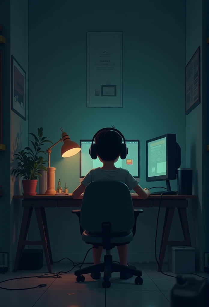 night、Listen to music in a cozy room, Using headphones, 2D-style animation, Lo-Fi, hard disk, Dark Environment