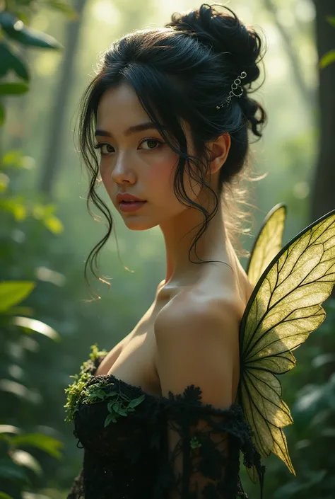 woman, black hair up, fairy type, in an enchanted forest, fantasy, looking at the camera, photorealistic