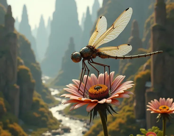 mechanical elegant dragonfly, ancient mechanism, fantasy art, ancient civilization, sitting on the mechanical flower, from above