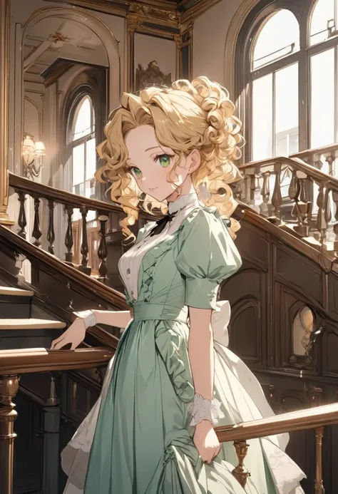 Show me a  with blonde curly hair and green eyes., with her hair in a half-updo and wearing an Edwardian-style dress, elegant, inside a mansion 