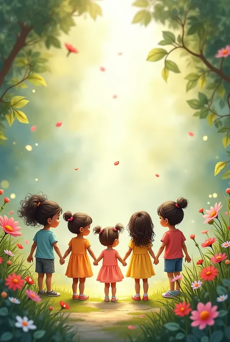 Children holding hands in a circle in a watercolor garden