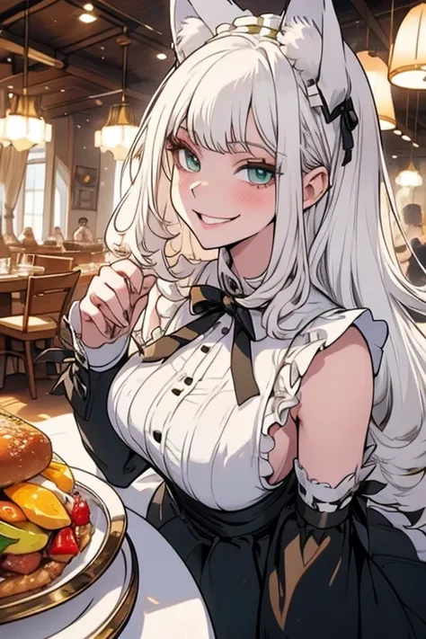 Perfect face. Perfect hands. A young white haired woman with green eyes with white wolf ears and a fluffy white wolf tail in a Lolita maid outfit is serving dinner in a fancy made cafe with a big smile