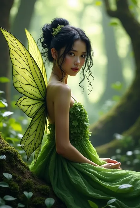 woman, black hair up, fairy type, leaf dress, fairy wings, in an enchanted forest, fantasy, looking at the camera, photorealistic