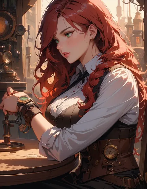 detailed textures, high quality, high resolution, high precision, realism, color correction, correct lighting settings, harmonious composition. Steampunk And, a beautiful woman, sitting at a table, fixing a watch, with freckles, green eyes and long red hai...