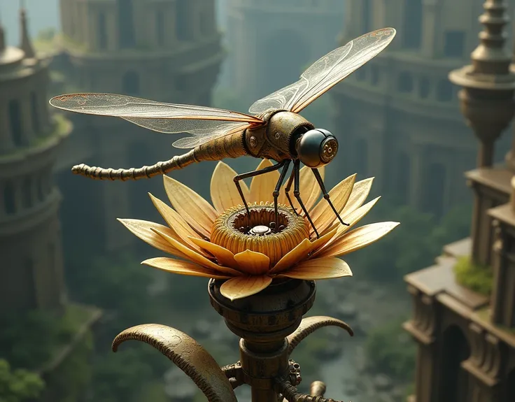 mechanical elegant dragonfly, ancient mechanism, fantasy art, ancient civilization, sitting on the mechanical flower, from above