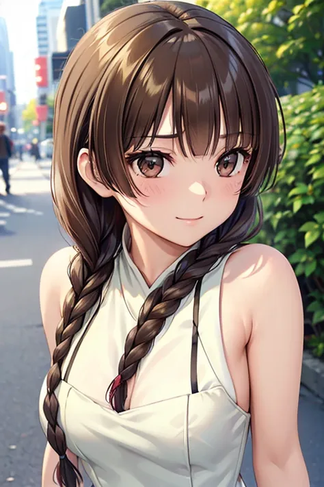 yuno shimazu、shiny brown hair,long hair,  、((2 braids:1.5、hair that falls over the shoulders)),beautiful brown eyes、sparkling ey...