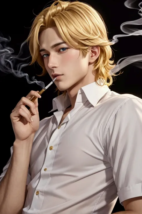 very realistic anime boy high definition a very handsome with  golden hair with subtle waves, he is 
smoking a cigarette