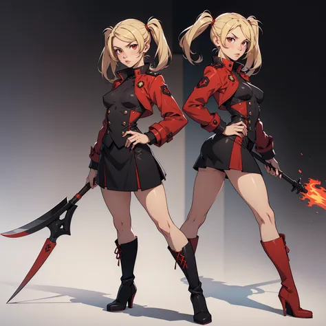 Very detailed, serious facial expression, small breasts, full body view, blonde hair with twintails, red eyes, looking at viewer, black and red uniform coat, skirt, black boots, holding scythe, combat pose.