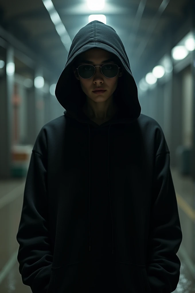 Generate a person with a hacker appearance wearing dark glasses and a black hoodie 