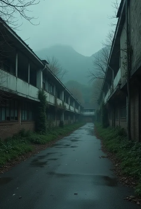 A sad japanese school abandoned who the atmospher is very dark, outside of the school views 