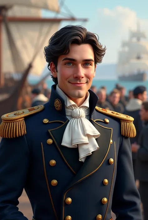 young 24 years old, noble son of a baron, captain of the Norwegian navy in the year 1848, offwhite, dark hair blue eyes, Charismatic and smiling, Excited about life, 
