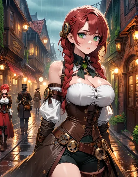 Steampunk And, a beautiful woman, standing in the rain, on a fantasy street, with freckles, green eyes and long red hair braided, in a corset with big breasts, a steampunk girl