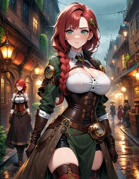 Steampunk And, a beautiful woman, standing in the rain, on a fantasy street, with freckles, green eyes and long red hair braided, in a corset with big breasts, a steampunk girl