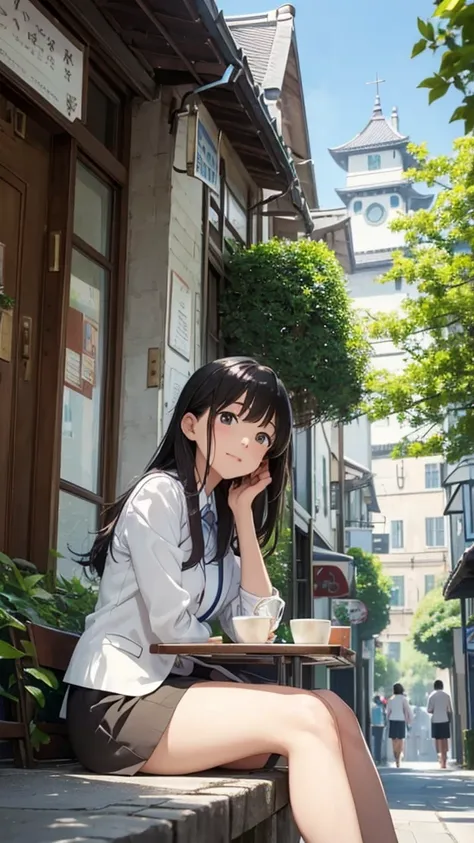 「A young office lady in a refreshing suit、Sitting at an open-air cafe in a busy town, eating lunch。 she、The clear blue sky、Looking up with a look of determination and hope。 There are towering buildings in the streets、Bright green trees on the road below々St...