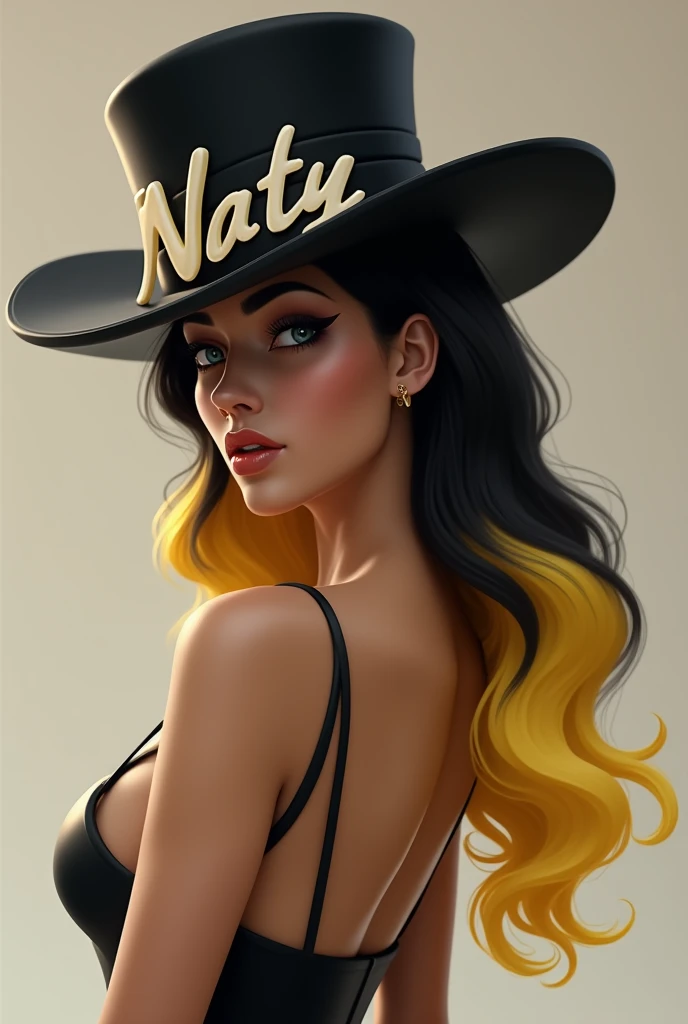 Sexy brunette doll with a hat written naty with black hair yellow at the ends 