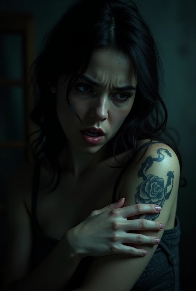 Prompt: "A woman looking fearfully at a clear tattoo on her arm, with a dark atmosphere and shadows in the background suggesting severe consequences."
