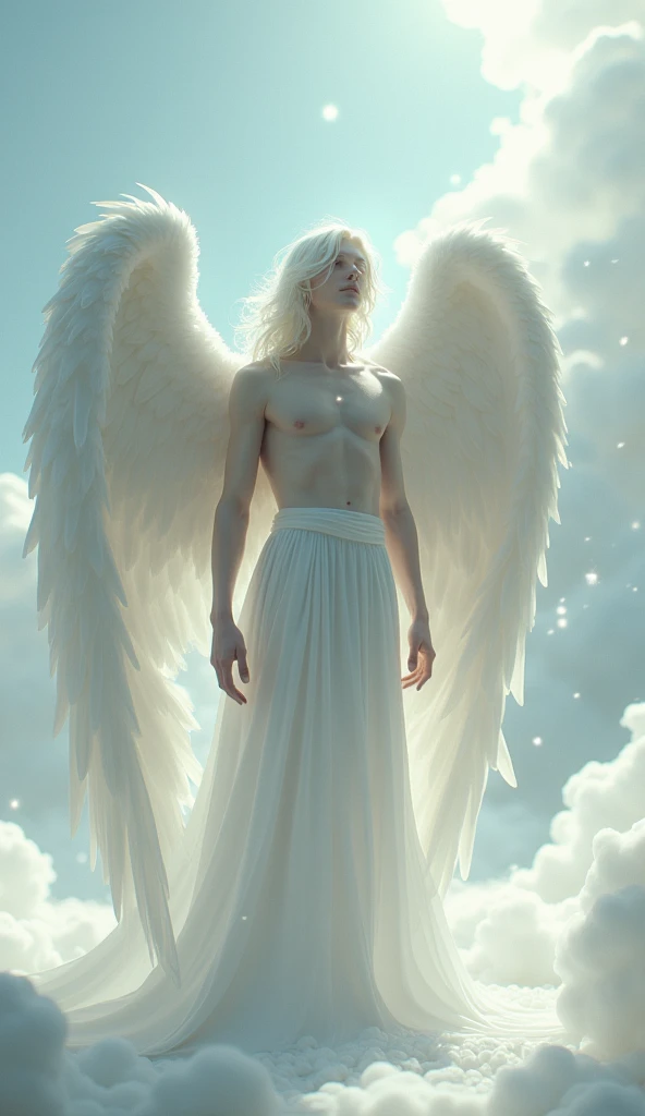 Angel, male, quite tall, his skin pale, neat and even fragile physique, long snow-white hair. He has two pairs of wings, the first pair of wings is small, they cover his white eyes, the second pair is huge wings 4 meters long and wide to the floor. He is d...