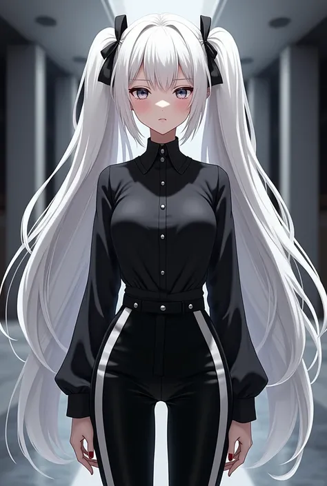 A female anime character, has white hair with two pigtails, black fitted blouse, black pants with white stripes 
