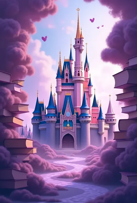 Disney Castle emerging from enchanted, lilac-colored books.