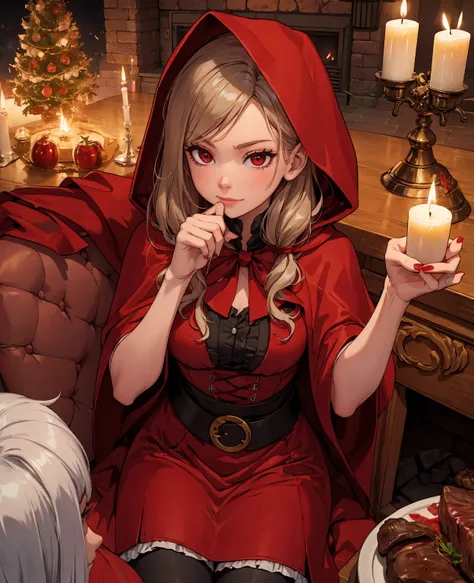 Little Red Riding Hood, fireplace, dining table, steak with blood, candles, red wine