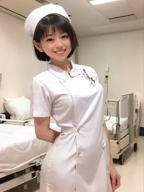 woman, alone, (wearing white nurse clothes:1.2), (bobcut), shortcuts,bangs, black hair, nurse, perfect anatomy, nurse uniform, (...