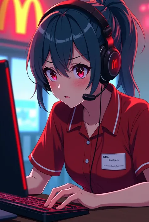 An anime gamer, an employee of McDonalds, plays online games with a serious expression.