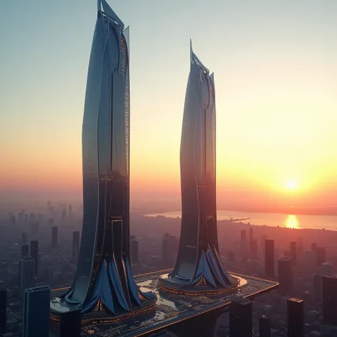 Deux tours futuristes différentes au milieu de la ville avec lhorizon et le soleil couchant et le ciel dégagé 