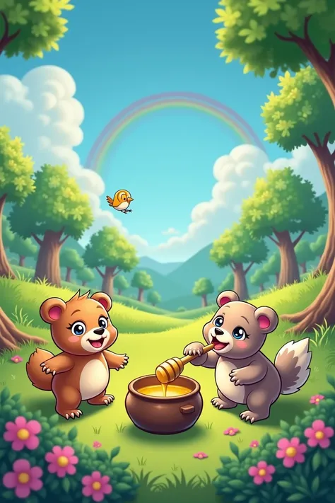 

[Camera shifts to a small bird singing on a tree branch.]


[Bear is seen enjoying honey from a pot.]

Narrator: “Can you see the rainbow? (Pause) It’s bright and colorful!”

[Camera pans to a vibrant rainbow in the sky.]

Narrator: “What a fun day at th...