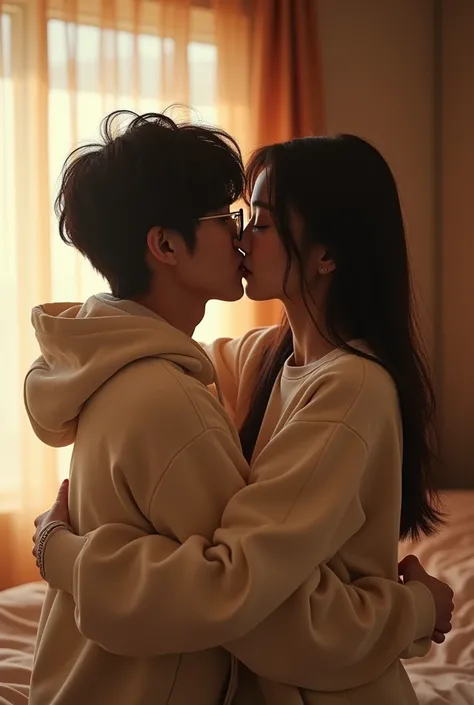 Generate an image of the idol Chaeunwoo kissing his girlfriend in his room, he with glasses and both of them wearing the same sweatshirts, that looks real