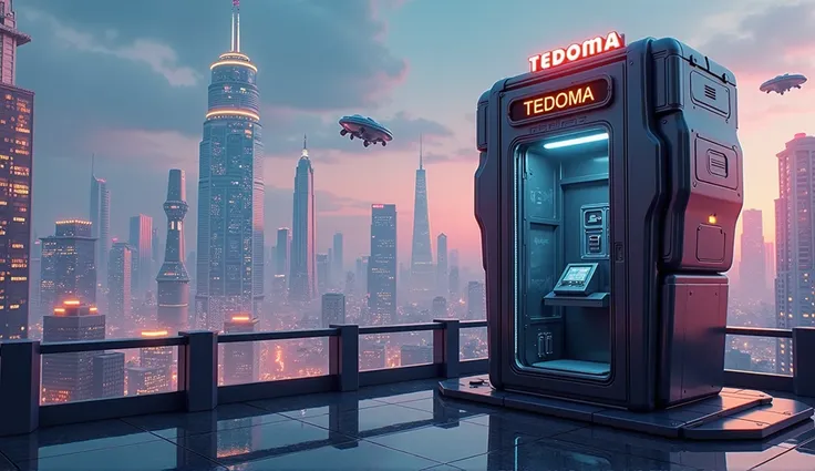 image generated of a phone booth with a futuristic city in the background, Promotional Art BBC, by Wayne England, futuristic telephone booth, positioned on the right side, Written on top of the booth TEDOMA, cyberpunk, 3840x2160, 3840 x 2160, por Derek Hil...