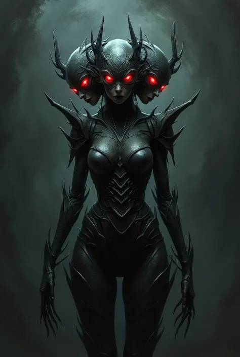 Monster with 3 masks on each side of the face, black aura in the background, red eyes, thin, female appearance, full body armor 