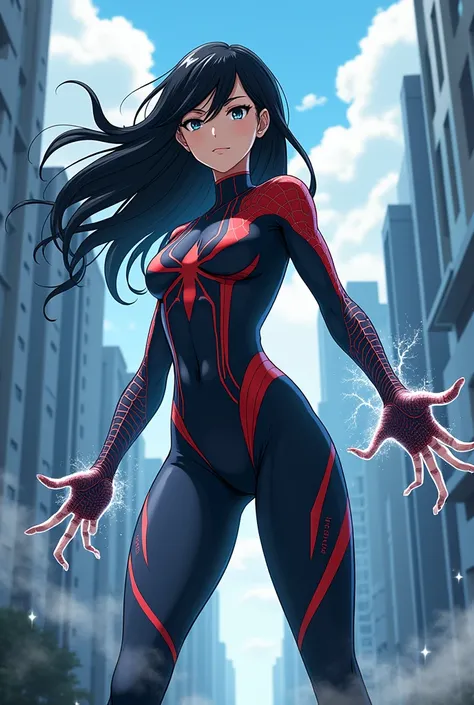 Generate a full body image of a beautiful girl with a powerful spider type quirk in my hero academia 