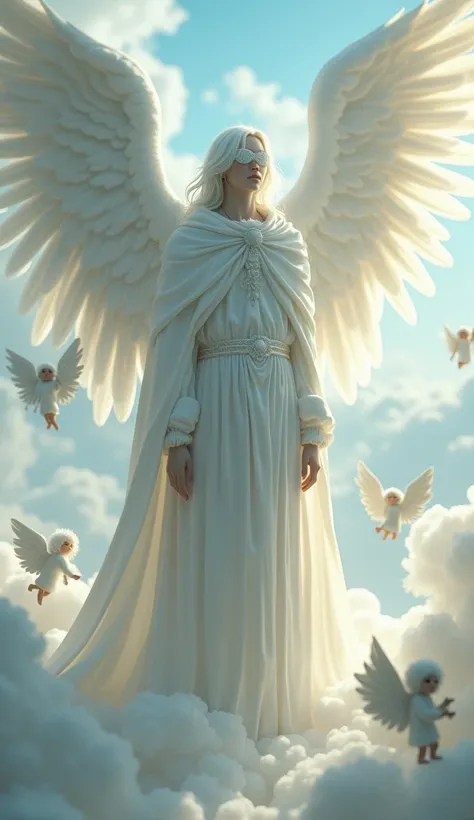 Angel, male, quite tall, his skin pale, neat and even fragile physique, long snow-white hair. He has two pairs of wings, the first pair of wings is small, they cover his white eyes, the second pair is huge wings 4 meters long and wide to the floor. He is d...