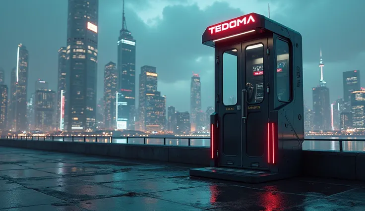 image generated of a phone booth with a futuristic city in the background, Promotional Art BBC, by Wayne England, futuristic telephone booth, positioned on the right side, Written on top of the booth TEDOMA, cyberpunk, 3840x2160, 3840 x 2160, por Derek Hil...