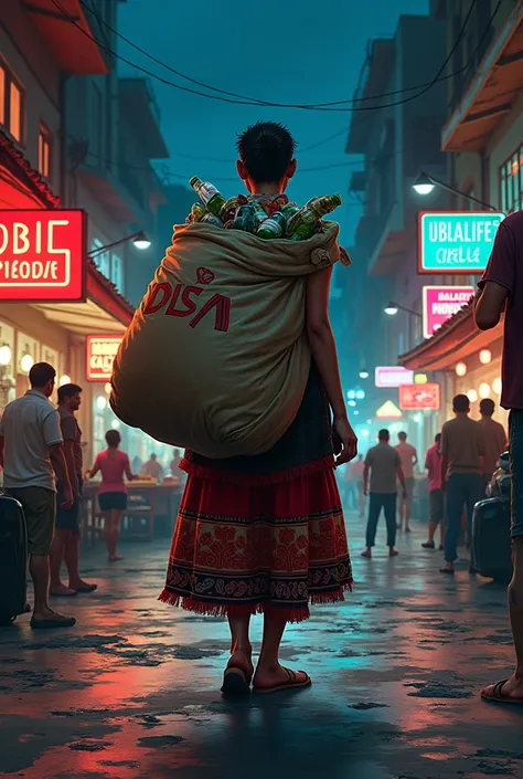 adult person wearing an Aymara skirt (bolivian) on a dangerous street in Bolivia full of nightclubs at night collecting recyclable material carrying a huge bag on their backs wrapped in a sack with typical designs full of the same (Bottles, cans, papers) i...