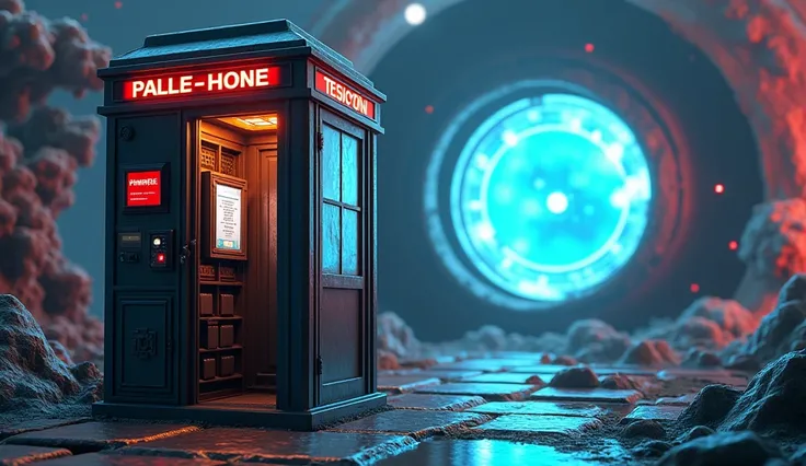 There is a phone booth with planets in the background, rendered in keyshot, location is inside, cabine cyberpunk, futuristic cabins, positioned on the right side, represented as a 3D rendering, 3D rendering beep, portal in space, police box, written TEDOMA...