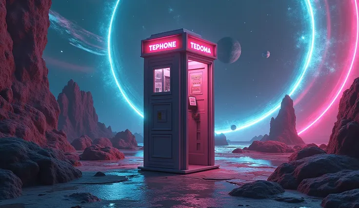 There is a phone booth with planets in the background, rendered in keyshot, location is inside, cabine cyberpunk, futuristic cabins, positioned on the right side, represented as a 3D rendering, 3D rendering beep, portal in space, police box, written TEDOMA...