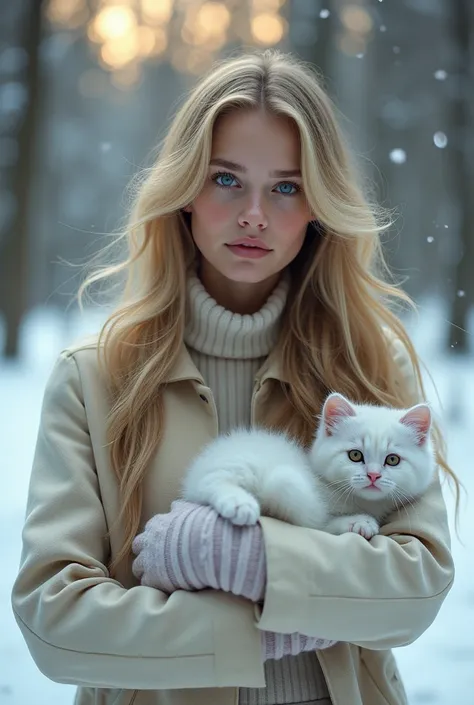 a beautiful girl with long blonde hair, detailed eyes, nose, and lips, in the snow with a Cute snow kitten in her arms, a woman who looks like alisha lehmann, realistic, (best quality,4k,8k,highres,masterpiece:1.2),ultra-detailed,(realistic,photorealistic,...