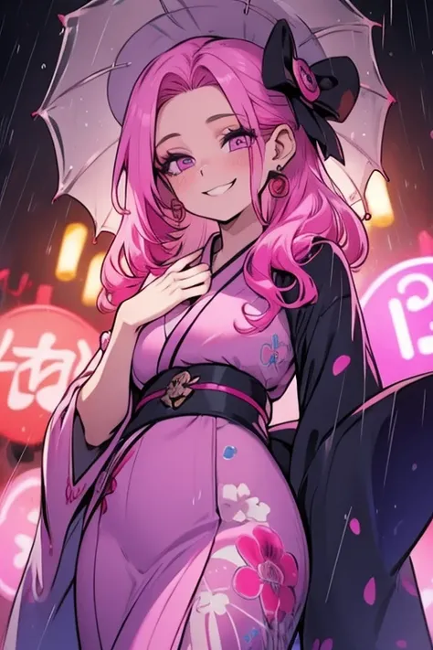 Perfect face. Perfect hands. A pink haired woman with violet eyes and an hourglass figure in a pretty kimono is smiling in the rain