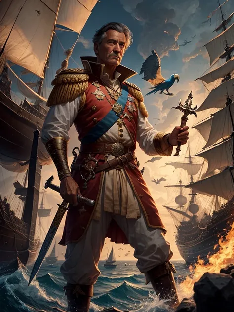 An admiral, with a ghost sword in his hand and a ship full of holes behind him. With a wooden leg and a macaw on his shoulder.