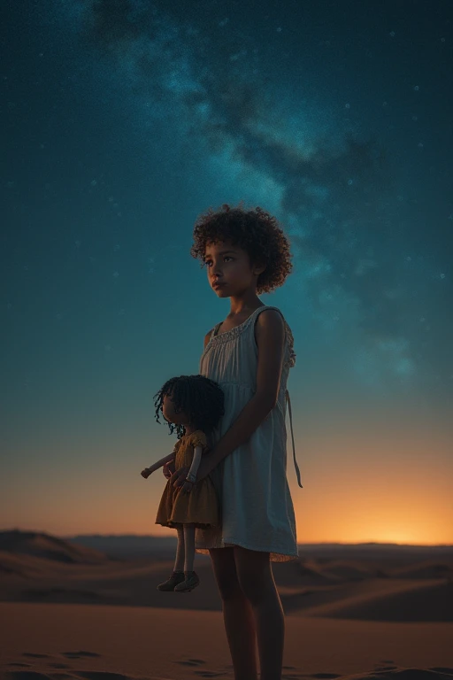 a young girl standing alone in a vast desert at night, her curly short hair framing a delicate face, she holds a worn doll in her hands, the milky way galaxy stretches across the dark sky above, her expression one of wistful longing, (best quality,8k,highr...