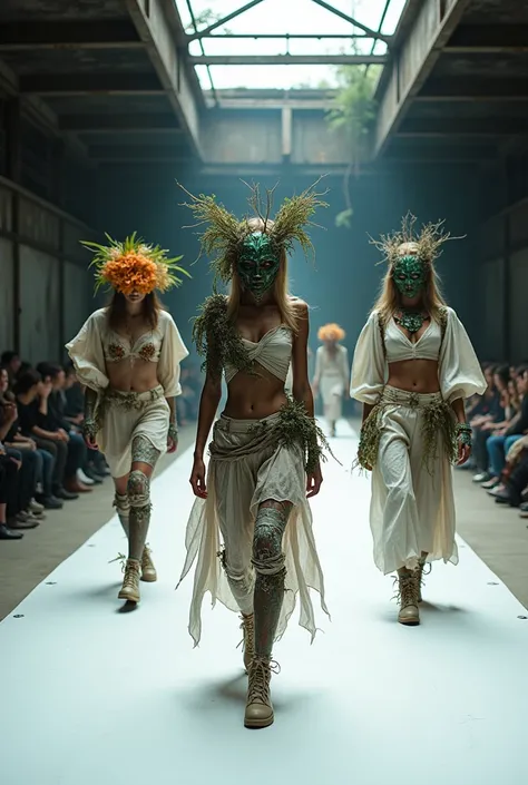 post apocalyptic image white aesthetic under a bridge fashion show with clothes that imitate planet earth, vegetation, rocks, Water, fire