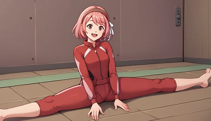 camp site, defLapis, pink short hair, hair ribbon, two-tone hairband, red tracksuit, 1girl, solo, Sitting, On the floor, Split Horizon, stretch, horizontal splits, stretch regs, hands on floor, smile, open mouth