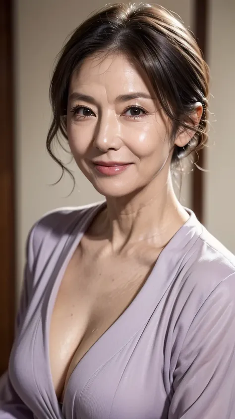 (masterpiece:1.4),(60-year-old woman:1.5),(facial wrinkles :1.2), pores, dull skin, skin blemishes, realistic detailed skin, sly-smile, mid-length Hair,