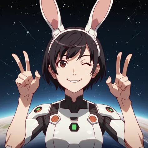 1girl, wink, short hair, dressed with flashy colors futuristic suit, robotic rabbit ears ,v pose ,space in background, detail richness, masterpiece, best quality, 