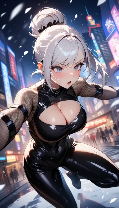 1girl,solo,super detailed skin,shiny skin,wet oily skin,expressionless face,open mouth ,white hair,chignon,swept bangs,eyelashes,lips gloss ,large soft breasts,fullbodysuit,fishnet arms,cleavage cutout,ninja clothes ,cleavage cutout,model pose,white snow m...