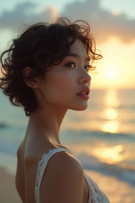 woman with short curly hair,looking at the calm sea,Okinawa landscape,beautiful detailed eyes,beautiful detailed lips,extremely detailed eyes and face,long eyelashes,cinematic angle,vibrant colors,ultra-detailed,high resolution,8k,photorealistic,masterpiec...