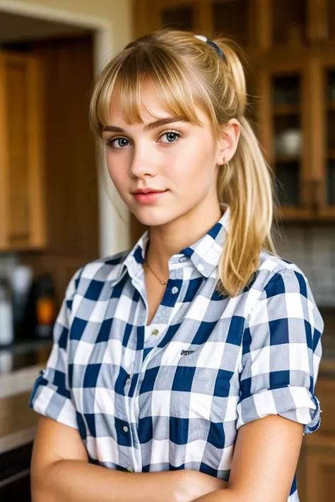 Pretty blonde female Caucasian teen dark blonde hair low ponytail with bangs in checked shirt  looking serious indoors photo realistic 