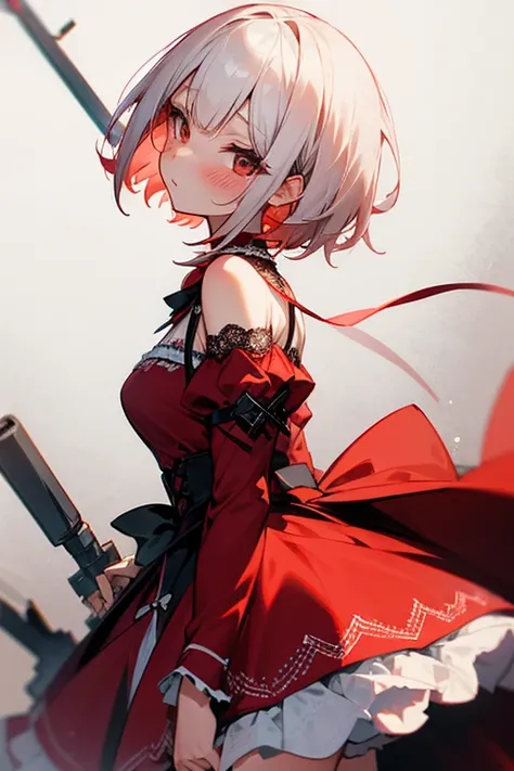 Short white hair, blush, Lace dress、Punk Fashion、Headbang 2.、Red clothes、