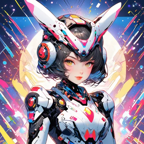 1girl, wink, short hair, dressed with flashy colors futuristic suit, robotic rabbit ears ,v pose ,space in background, detail richness, masterpiece, best quality